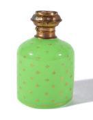 A French apple green eau de cologne bottle, late 19th century, cylindrical with a gilt metal cover