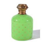 A French apple green eau de cologne bottle, late 19th century, cylindrical with a gilt metal cover