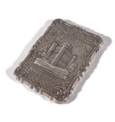 A Victorian or Edwardian silver shaped rectangular castle top card case, maker's mark T only,