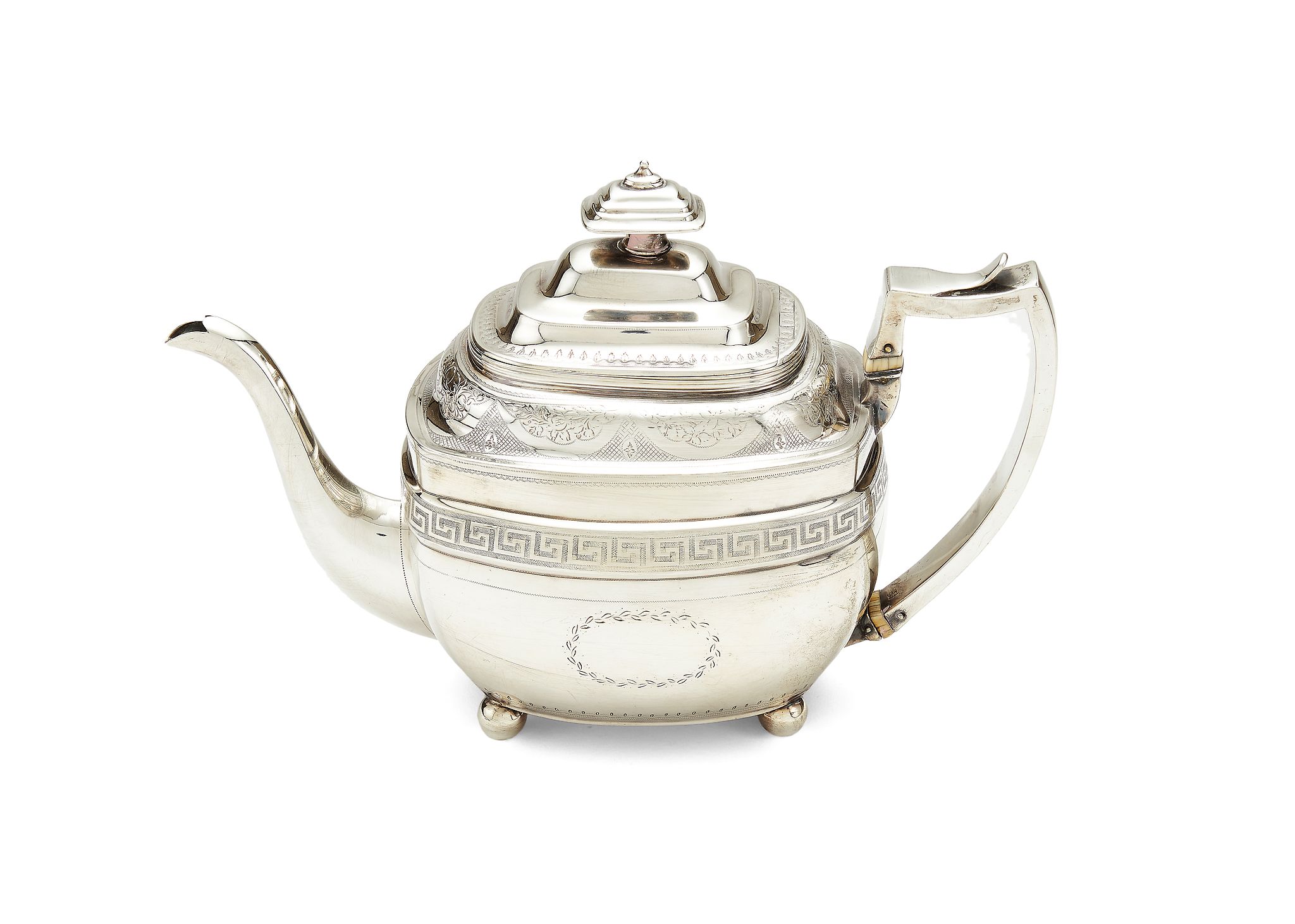 Ω A George III silver oblong baluster tea pot by Crispin Fuller, London 1805, with an oblong finial