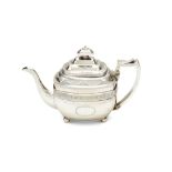 Ω A George III silver oblong baluster tea pot by Crispin Fuller, London 1805, with an oblong finial