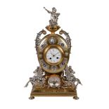 An engraved gilt brass and silver plated mantel clock , Howell James & Co, late 19th century, the