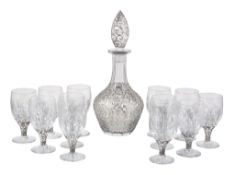 Asprey, a silver coloured mounted glass decanter and stopper with twelve goblets, the silver