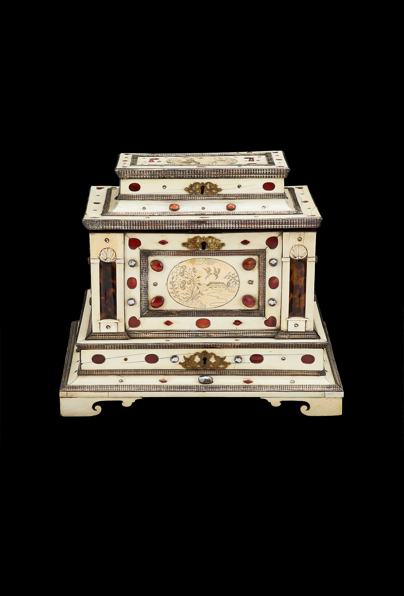 Ω An ivory and agate inlaid casket, Augsburg, mid 17th century and later, the wood carcass veneered