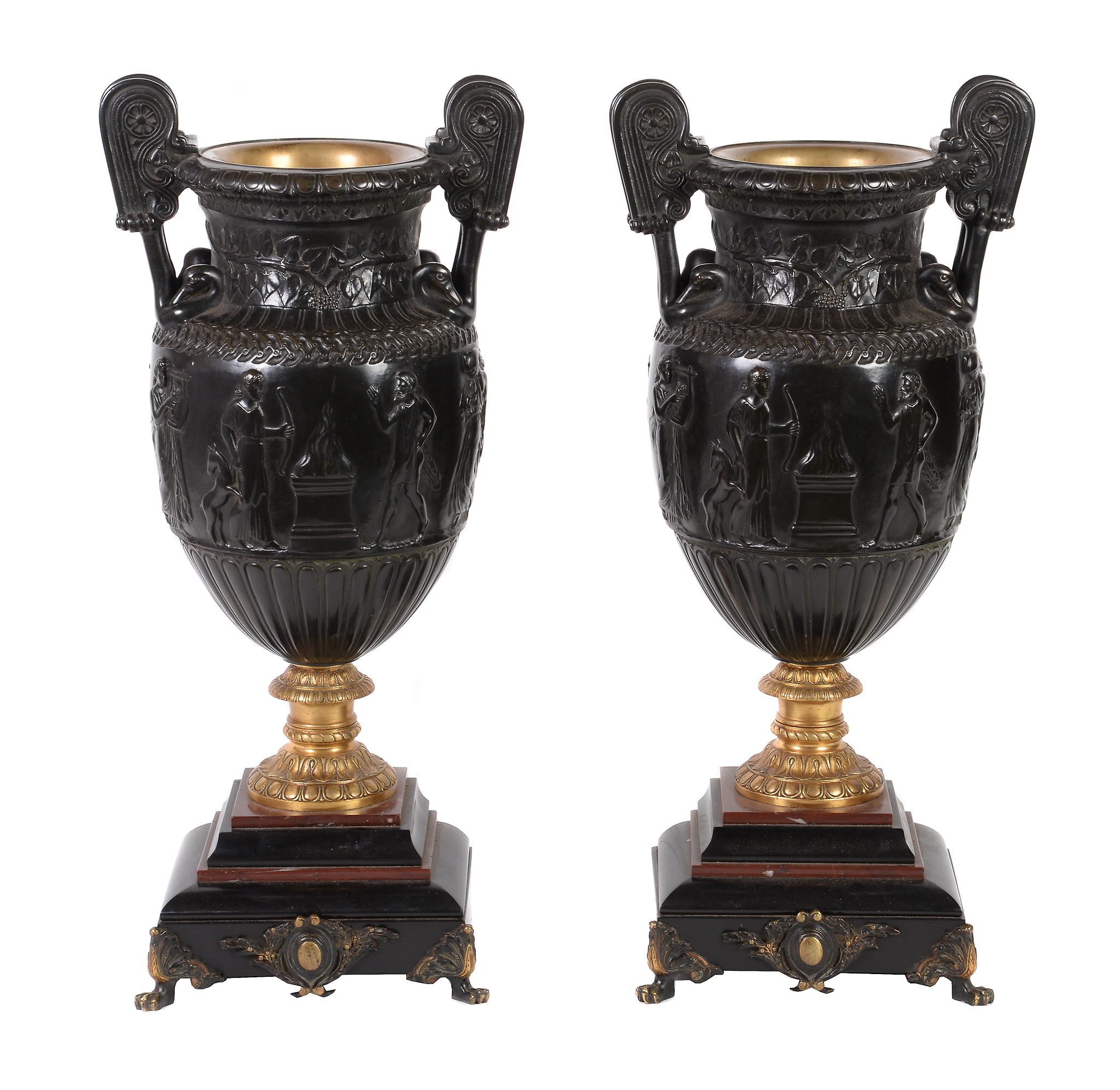 A pair of patinated and parcel gilt bronze vases in the manner of the Townley Vase, circa 1880,