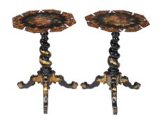 A pair of Victorian black lacquer and parcel gilt occasional tables , circa 1860, the shaped