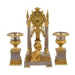A French ormolu and silvered metal clock garniture , mid 19th century, the eight-day bell striking