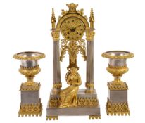 A French ormolu and silvered metal clock garniture , mid 19th century, the eight-day bell striking