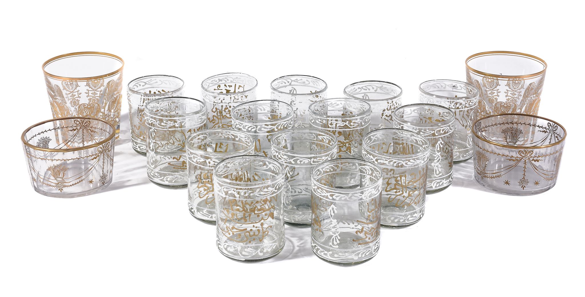 A pair of modern Baccarat clear-glass and gilt stencilled large tumblers, acid-etched marks, 11cm