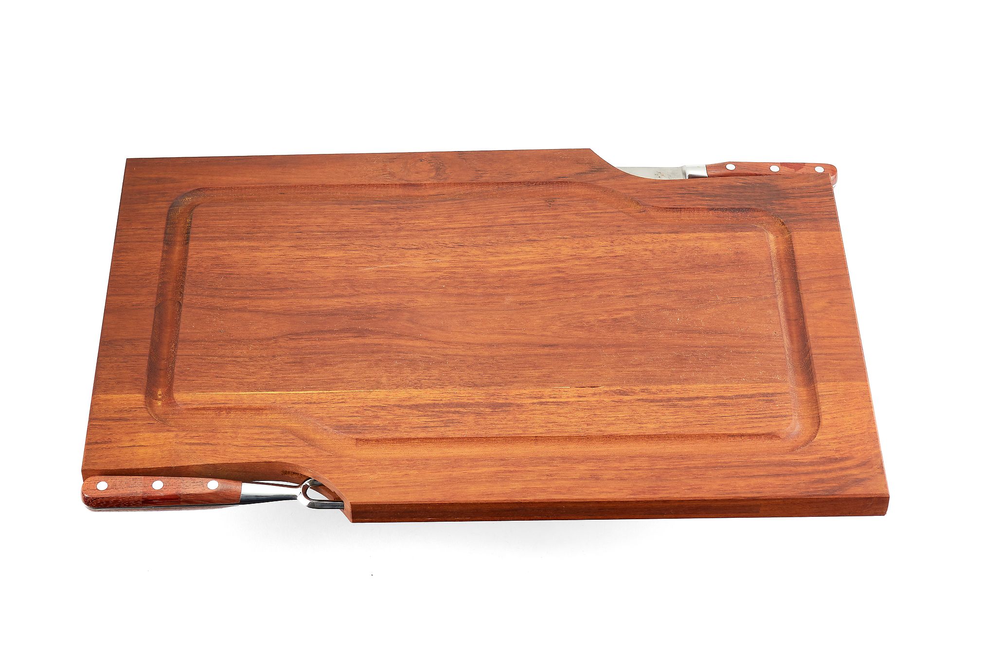 Asprey, a wooden carving board, the board with a fitted carving knife and fork, the board 53cm x