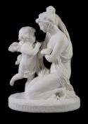 A French biscuit porcelain group of Venus and Cupid, late 19th century, the oval base inscribed LA