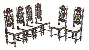 A set of six Italian ebonised and specimen marble inlaid side chairs, circa 1860, Florence, in the