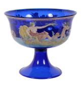 A modern Murano blue glass pedestal bowl in the manner of the Barovier wedding cup, enamelled in