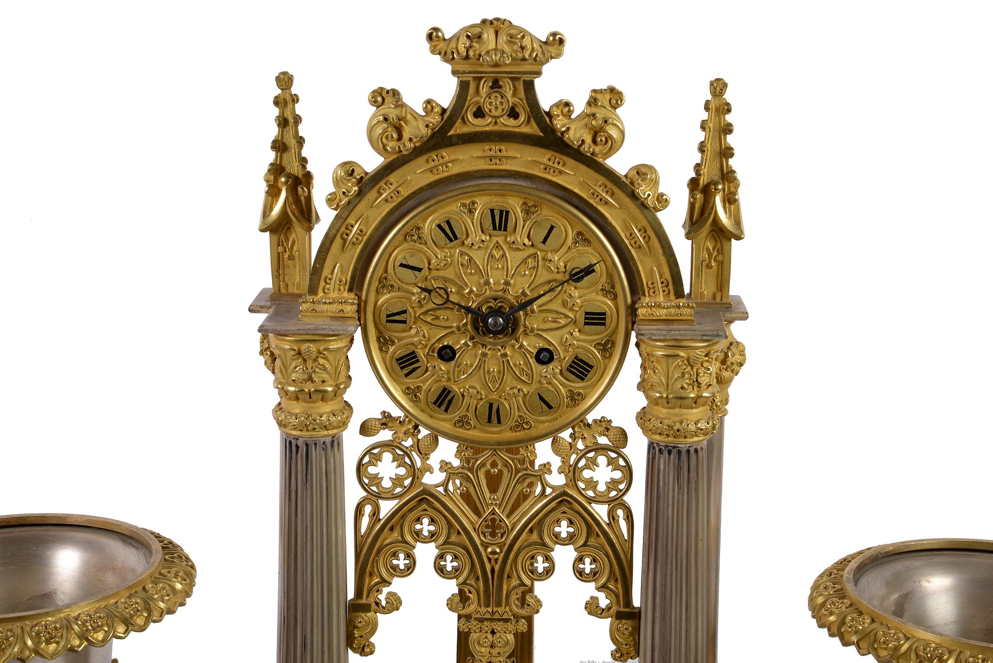 A French ormolu and silvered metal clock garniture , mid 19th century, the eight-day bell striking - Image 2 of 3
