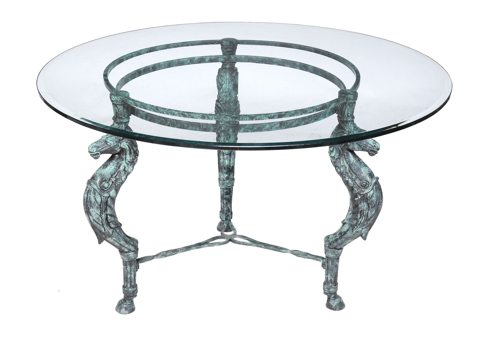 A patinated metal and glass mounted circular centre table , of recent manufacture, each support