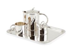 Christofle, a French electro-plated three piece circular tea service and tray by Christofle, the