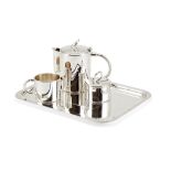 Christofle, a French electro-plated three piece circular tea service and tray by Christofle, the