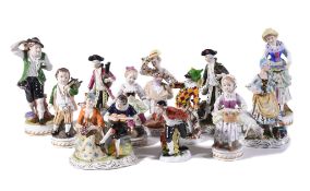 Twelve various Dresden porcelain figures, 20th century, modelled wearing eighteenth century dress
