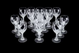 Eighteen modern burgundy wine glasses retailed by Le Clos Wine & Spirit Dealers, with frosted