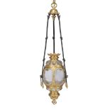 A Continental gilt metal and glazed hall lantern, 20th century, the bulbous body with oval