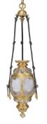 A Continental gilt metal and glazed hall lantern, 20th century, the bulbous body with oval