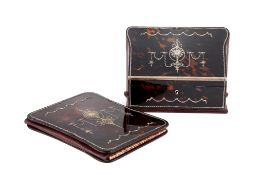 Ω An Edwardian tortoiseshell and silver pique desk stationary box and desk wallet, unmarked,