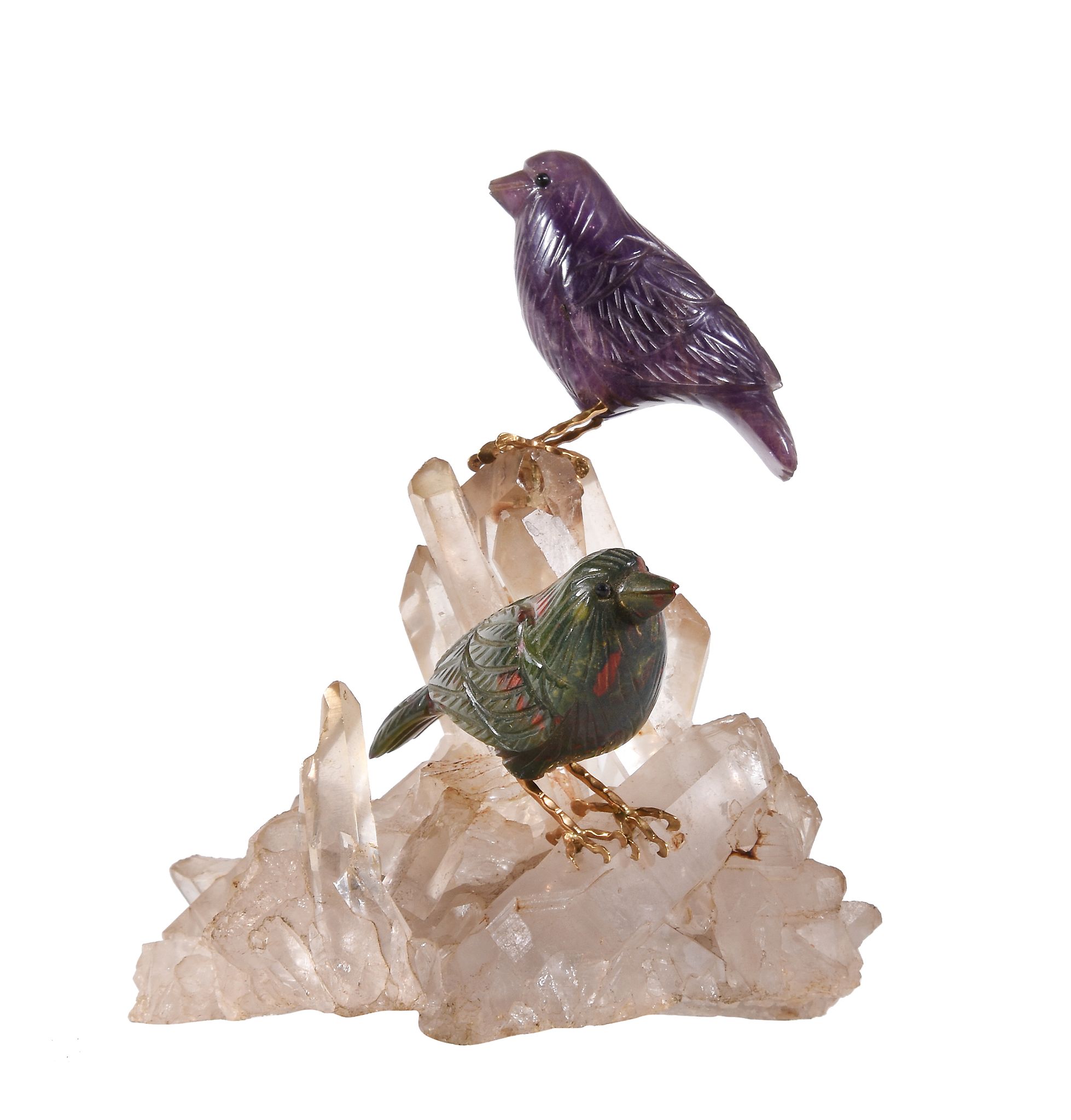 A rock crystal, amethyst and bloodstone bird ornament, the carved amethyst and bloodstone birds