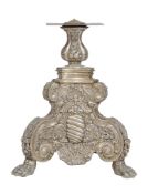 An Italian metal repousse torchere base, late 19th century, the baluster stem above a triform base