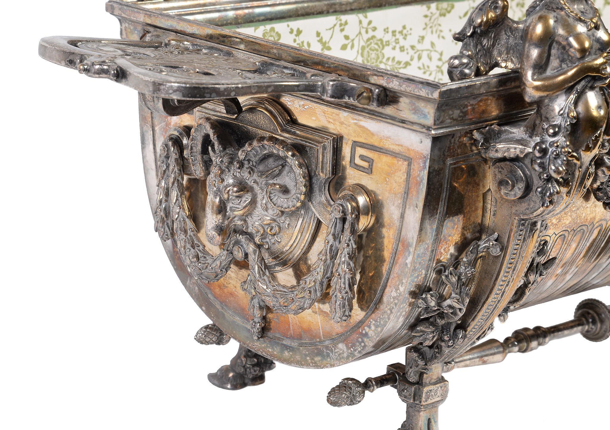 A silver plated table top jardiniere, circa 1890, rectangular with twin flap handles above relief - Image 3 of 3