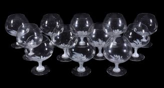 Twelve Rosenthal Studio Linie brandy balloon glasses, clear glass and supported on stems with