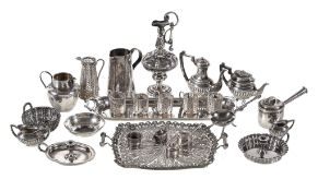 A collection of miniature silver items, to include an oblong baluster four piece tea set and a tray