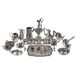 A collection of miniature silver items, to include an oblong baluster four piece tea set and a tray