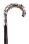 An early 20th century European silver walking stick , stamped 800 with a clover mark, circa 1900,