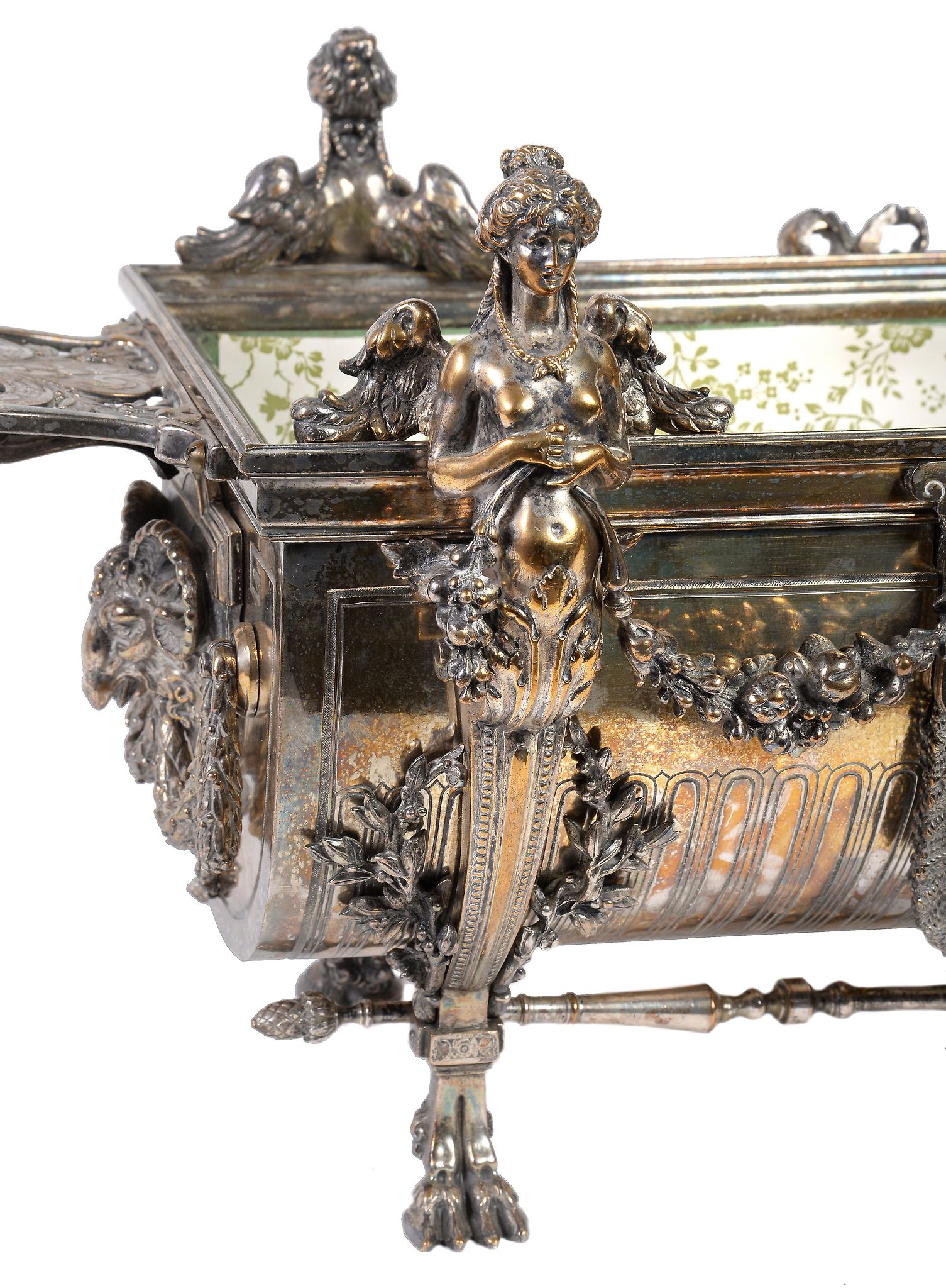 A silver plated table top jardiniere, circa 1890, rectangular with twin flap handles above relief - Image 2 of 3
