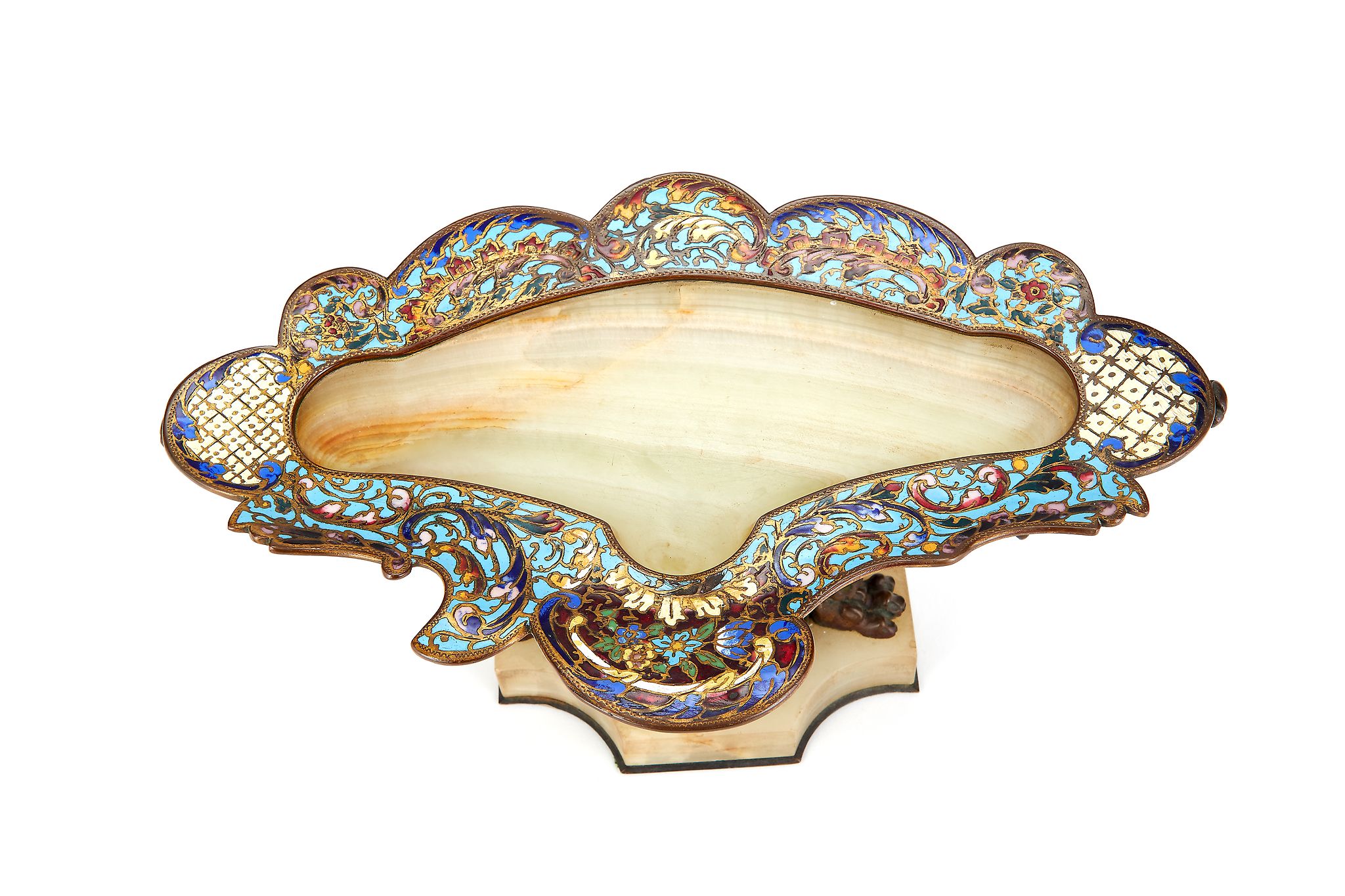 A French onyx, bronze and champleve enamel stand, circa 1900, the dished top with foliate and - Image 4 of 4