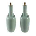 A pair of celadon crackle glazed ceramic twin handled vases fitted as table lamps, modern, 55cm