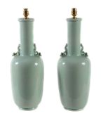 A pair of celadon crackle glazed ceramic twin handled vases fitted as table lamps, modern, 55cm