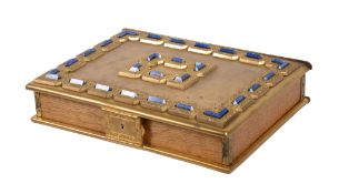 An oak, gilt brass and lapis lazuli mounted box, 20th century, the hinged cover with angle-cut