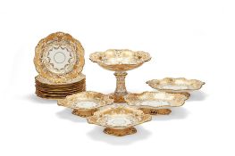 A Davenport 'Rococo revival' part dessert service, mid 19th century, with a butterscotch and gilt