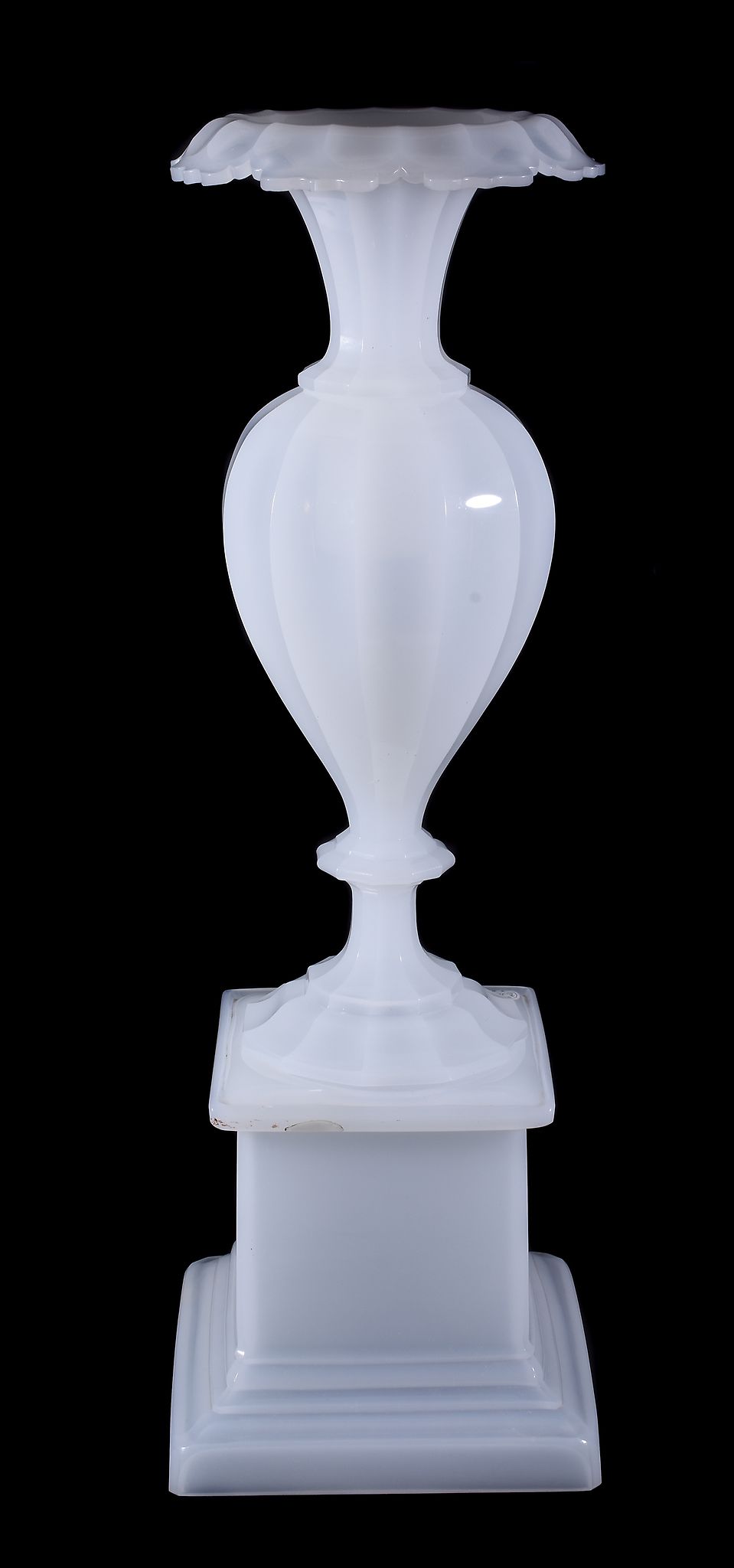 A French opaque-white opalescent glass urn and stand in four parts, late 19th century, of baluster