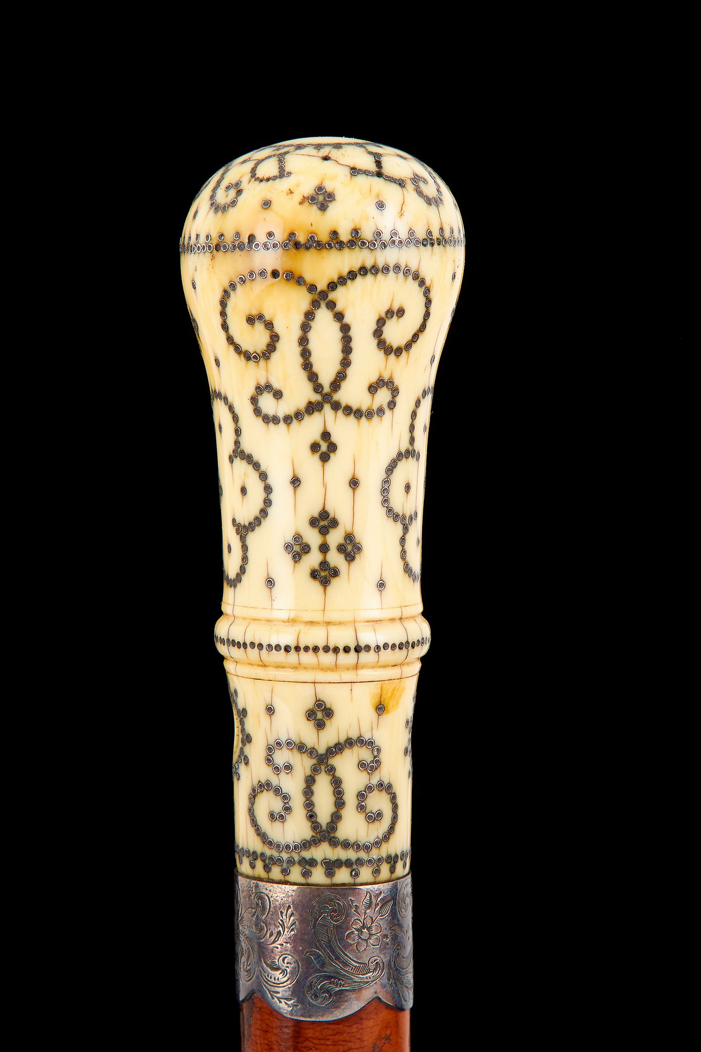 Ω A William and Mary pique worked ivory and malacca mounted walking stick, the waisted grip with - Image 2 of 2