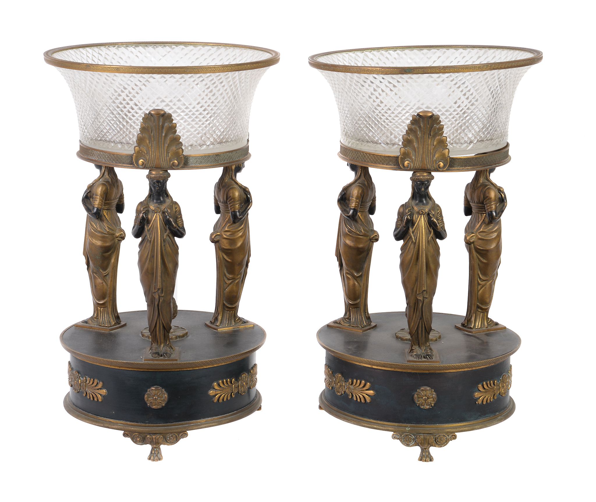 A pair of cut glass mounted, parcel gilt and patinated bronze centrepieces in Restauration style,