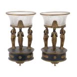 A pair of cut glass mounted, parcel gilt and patinated bronze centrepieces in Restauration style,