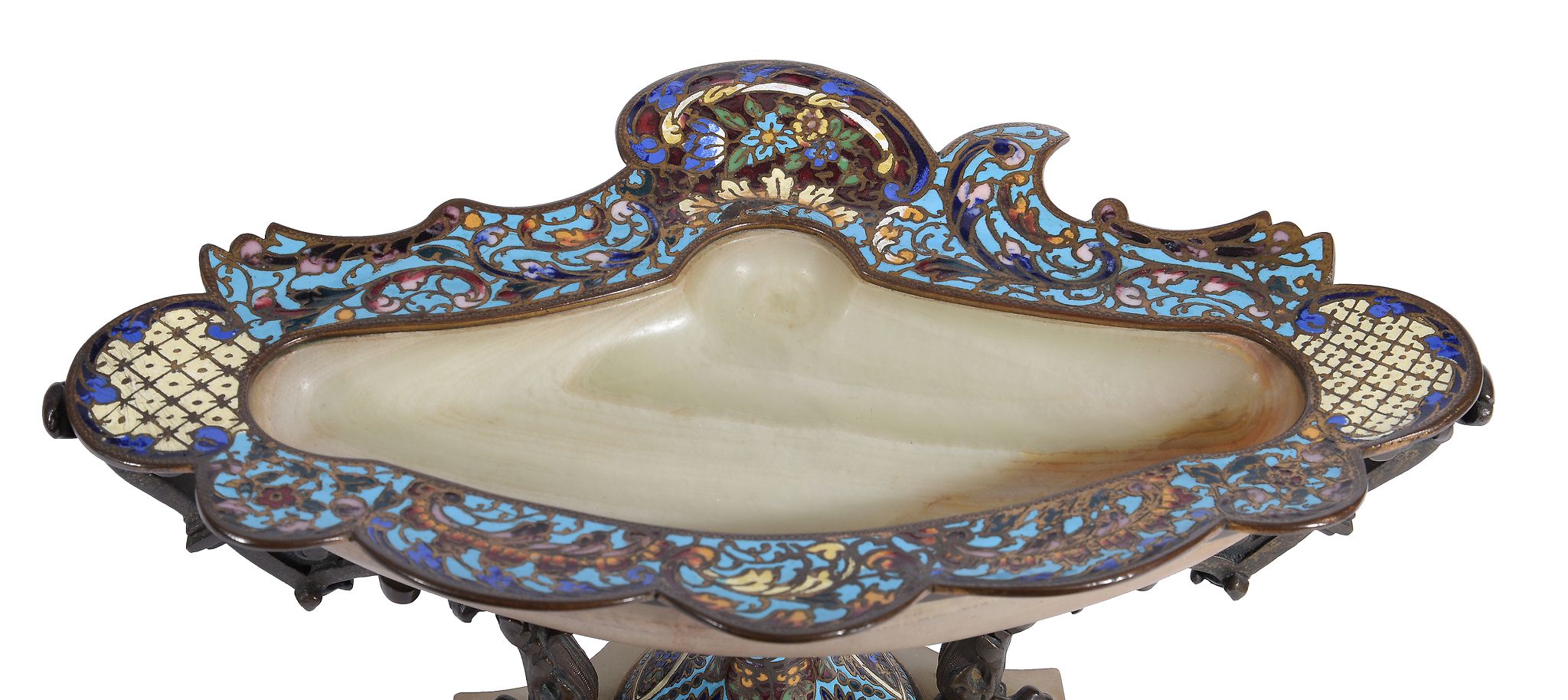 A French onyx, bronze and champleve enamel stand, circa 1900, the dished top with foliate and - Image 2 of 4