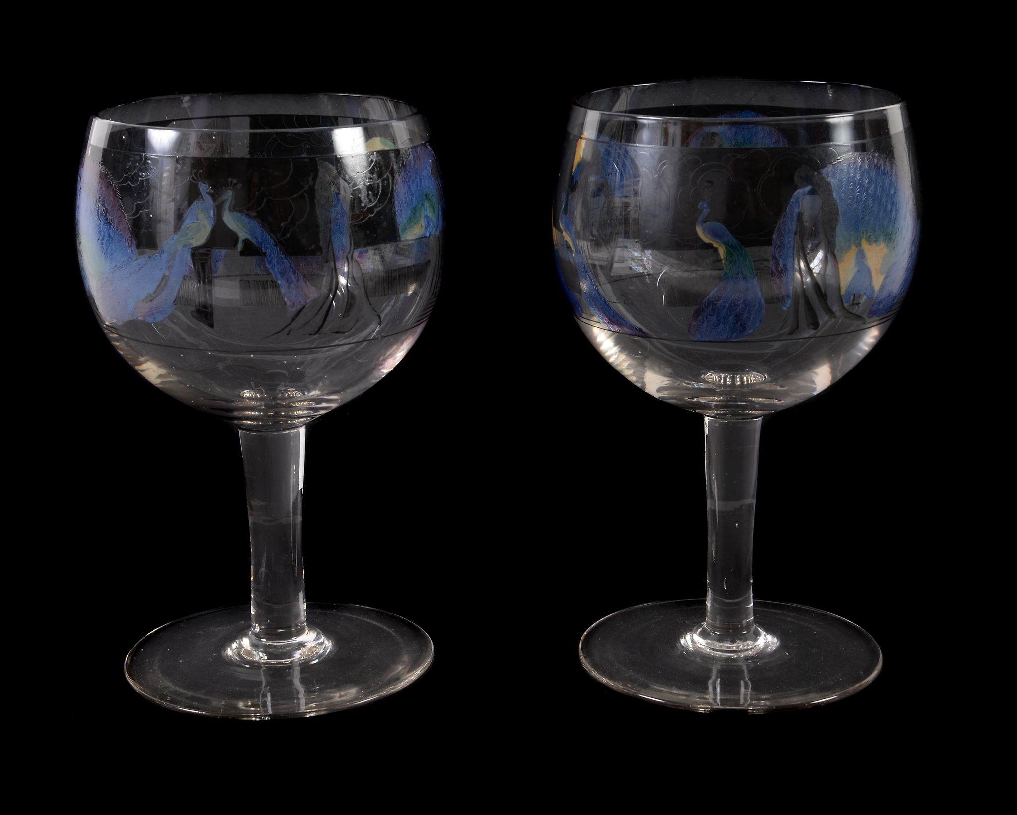 Vedar, a pair of Art Deco enamelled glass goblets by Vetri Della Arte, each decorated with a band - Image 2 of 2