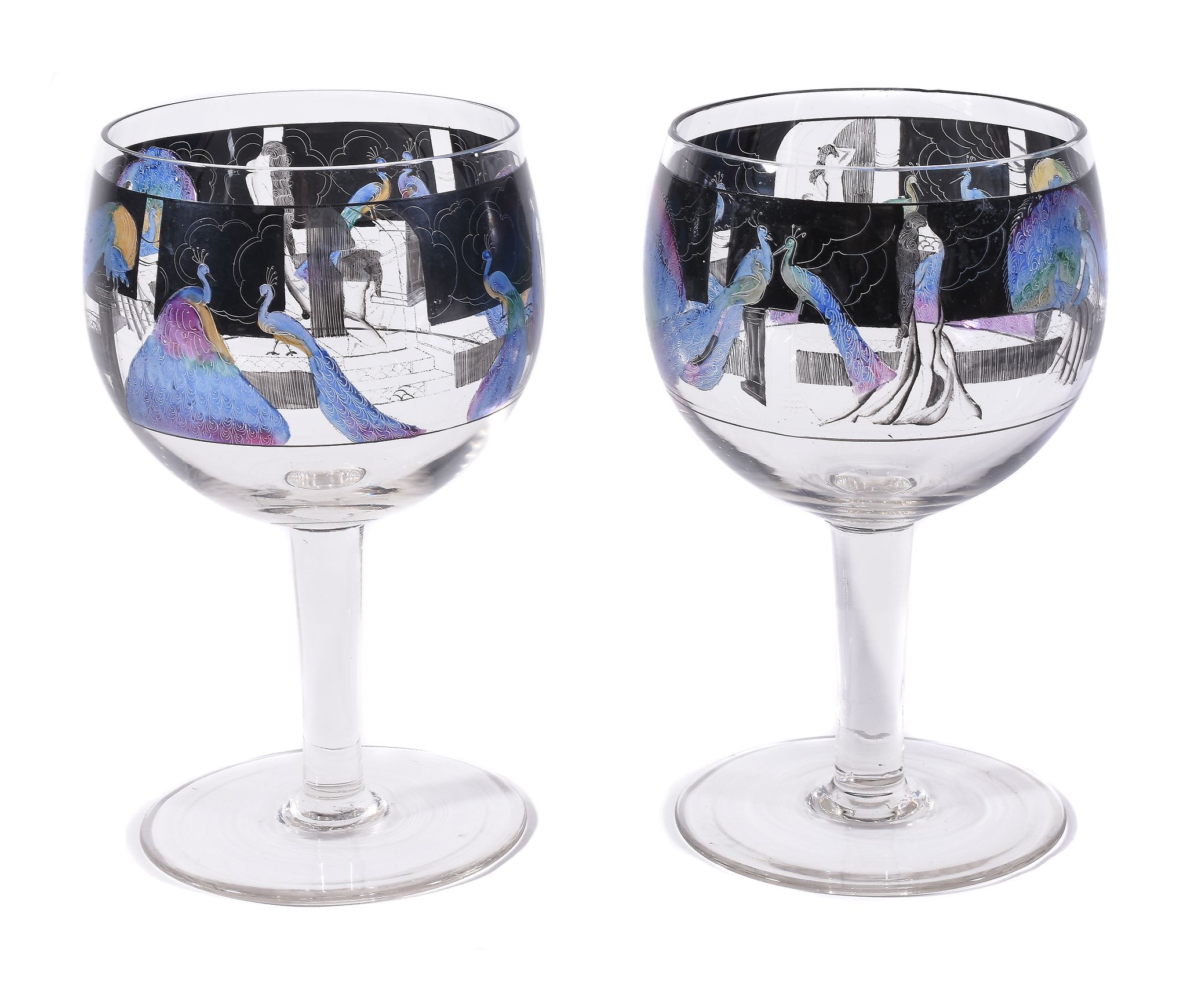 Vedar, a pair of Art Deco enamelled glass goblets by Vetri Della Arte, each decorated with a band