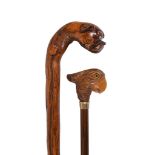 A Continental carved and stained wood walking stick with grip modelled as a the head of a parrot,