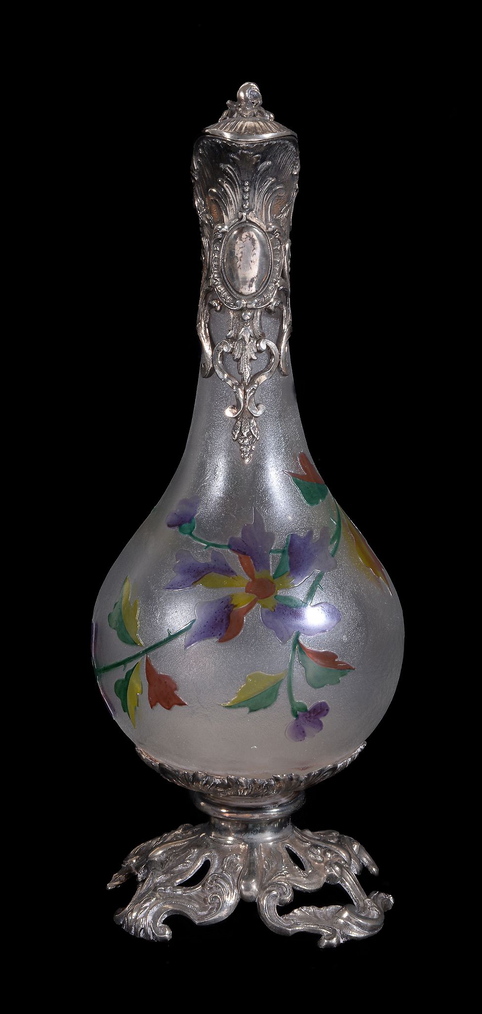 A German silver plated pewter and acid etched and painted glass ewer, unmarked, circa 1900, 32.5cm - Image 3 of 3