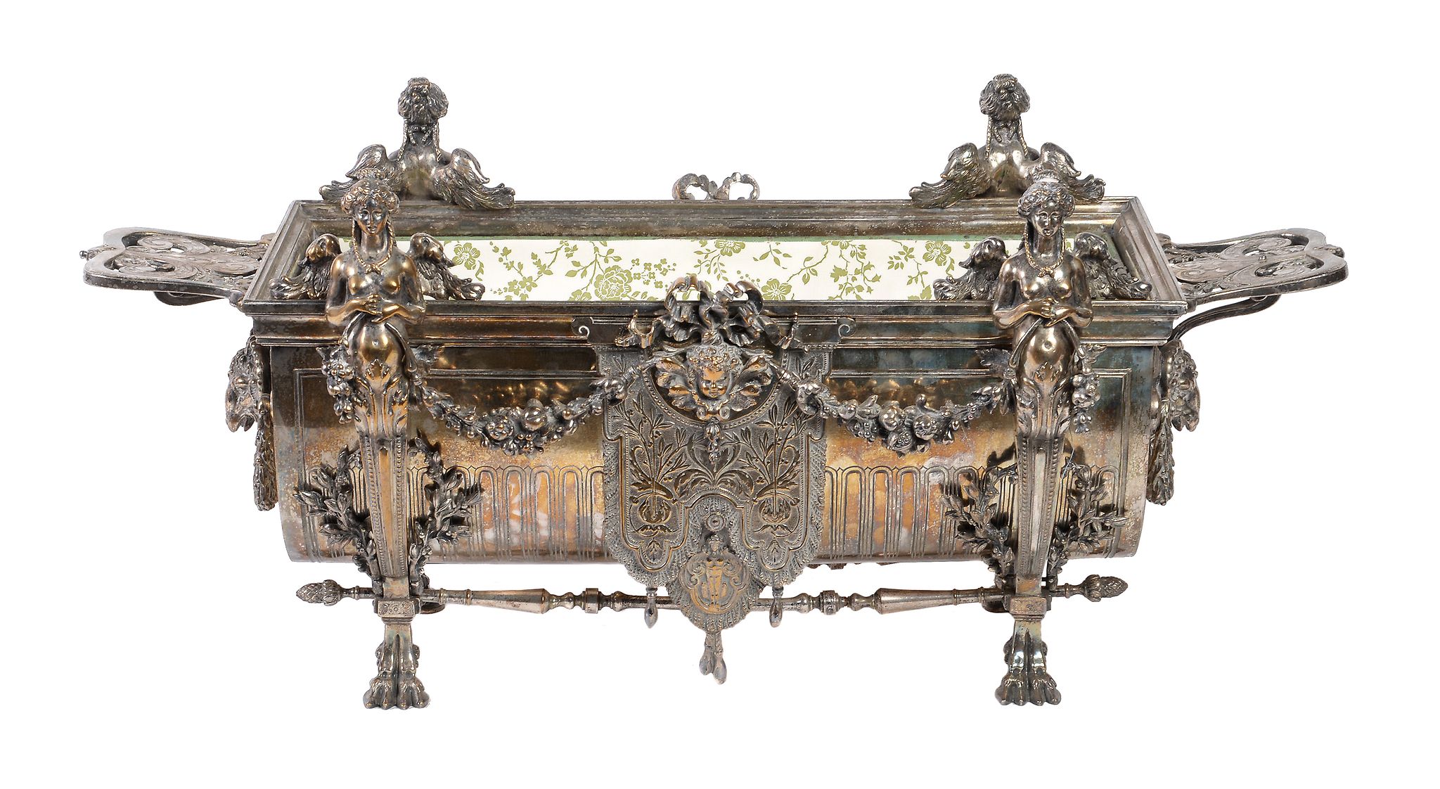 A silver plated table top jardiniere, circa 1890, rectangular with twin flap handles above relief