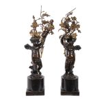 A pair of patinated and parcel gilt bronze twin light figural candelabra, circa 1900, each modelled